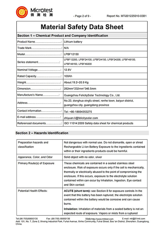 سلسلة LPBF، MSDS